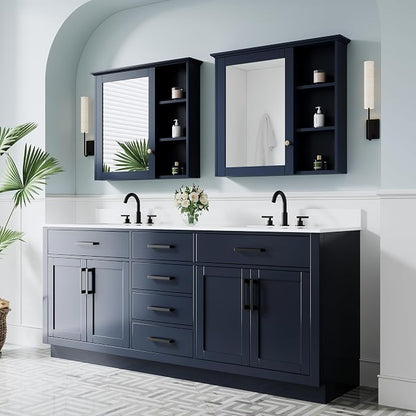 80-Inch Bathroom Vanity with Double Sinks W/ 4 Doors & 4 Drawers & 2 Flip Drawers, Navy Blue Vanity W/Matte Black Handles