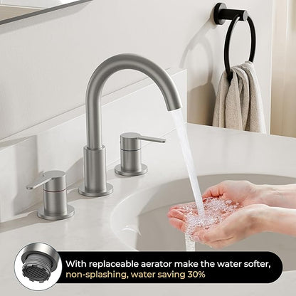 QFN Bathroom Faucets 3 Hole Brushed Nickel, 8 Inch Widespread Vanity Sink Faucet with Aerator, 2 Handle 360° Swivel High Arc Spout, Spot-Free Finish, cUPC NSF Certified and CEC & DOE Compliant