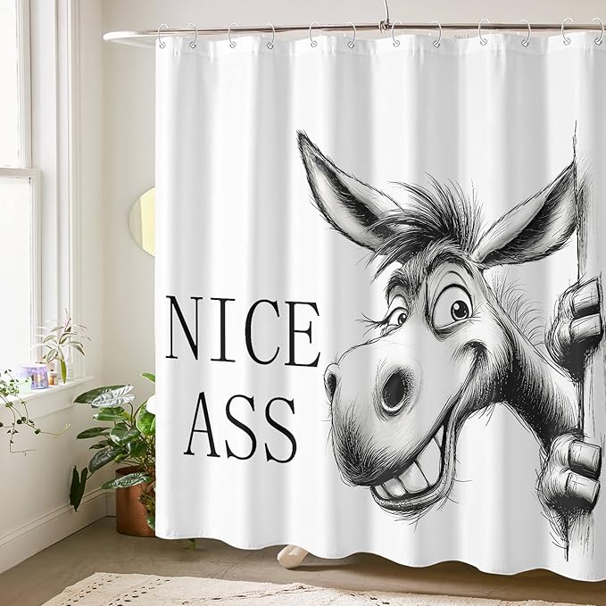 Funny Donkey Shower Curtain Rustic Farmhouse Shower Curtains for Bathroom Black and White Grin Donkey Fun Cute Animal Wildlife Waterproof Fabric Bath Curtain Decor 72 X 72 Inch