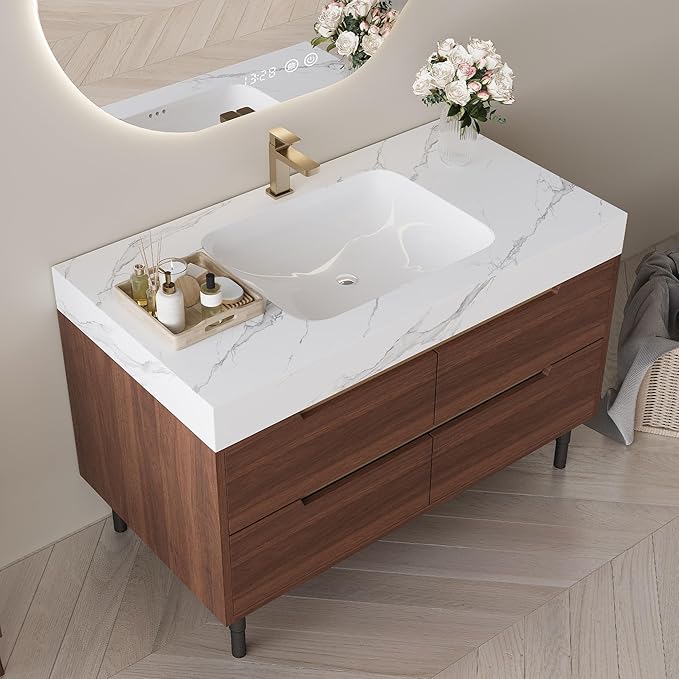 36" Bathroom Vanity with Undermount Sink Set, Modern 2-IN-1 Wall Mounted & Freestanding Bathroom Vanities Cabinet with Sintered Stone top&4 Storage Drawers, Walnut Single Bathroom Sink Cabinet