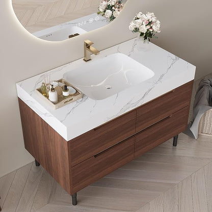36" Bathroom Vanity with Undermount Sink Set, Modern 2-IN-1 Wall Mounted & Freestanding Bathroom Vanities Cabinet with Sintered Stone top&4 Storage Drawers, Walnut Single Bathroom Sink Cabinet