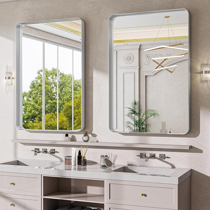 Bathroom Mirrors for Over Sink 24 x 32 Inch Rectangle Bathroom Vanity Mirror with Rounded Corner Bathroom Mirror for Wall for Living Room Bedroom Entryway Silver