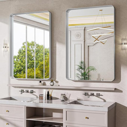 Bathroom Mirrors for Over Sink 24 x 32 Inch Rectangle Bathroom Vanity Mirror with Rounded Corner Bathroom Mirror for Wall for Living Room Bedroom Entryway Silver