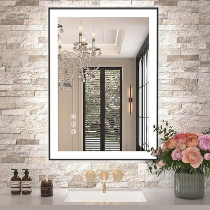 20"x28" LED Bathroom Mirror, Frontlit&Backlit, Controlled Separately | Black Metal Frame, Stepless Dimmable, Anti-Fog, HD Reflection, Shatter-Proof, 3 Colors Lighting, Memory, UL Listed