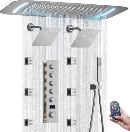 16X26 inch Shower System Brushed Nickel Shower Head and Handle Set | Temperature Display Shower Faucet with Dual 8 inch Shower Head, 6 Body Jet, Handheld Shower, 5 Functions Can All Run Together