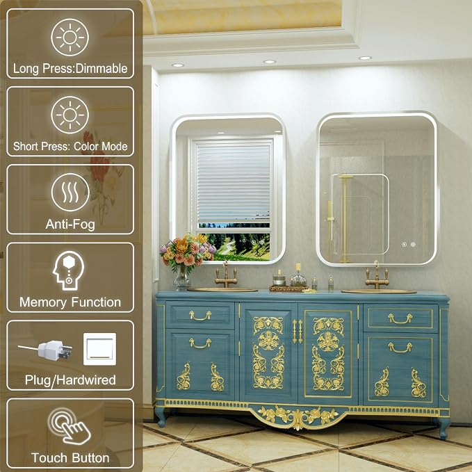 28"x36" Silver LED Bathroom Mirror with 3000K/4500K/6000K Lights | Stepless Dimmable,Anti-Fog,Memory Function,Aluminum Frame Wall Mount Lighted Bathroom Vanity Mirror,ETL Cert‌,IP54 Waterproof