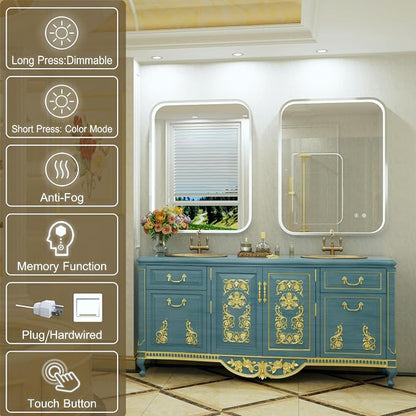 28"x36" Silver LED Bathroom Mirror with 3000K/4500K/6000K Lights | Stepless Dimmable,Anti-Fog,Memory Function,Aluminum Frame Wall Mount Lighted Bathroom Vanity Mirror,ETL Cert‌,IP54 Waterproof