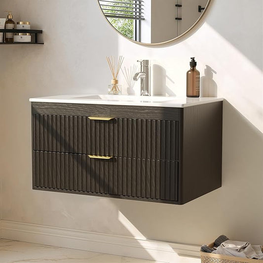 30 Inch Floating Bathroom Vanity with Sink, Bathroom Wall Cabinet with 2 Fluted Drawers & Metal Handle, Wall Mounted Cabinet for Bathrooms (Black, 30 inch, with Sink)