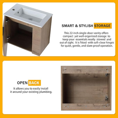 22 Inch Bathroom Vanity with Sink, 22" Wall Mounted Vanity Sink Combo for Small Space, Modern Bathroom Cabinet Set with Ceramic Basin Sink Top and Soft-Closing Door, Imitative Oak