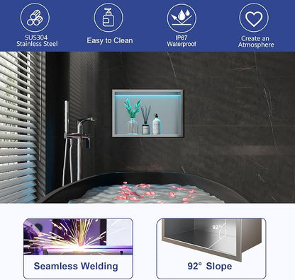 18X12 RGB Shower Niche, Brushed Nickel Stainless Steel LED Wall Niche, No Tile Needed Wall Cabinet for Bathroom Storage Built-in Installation