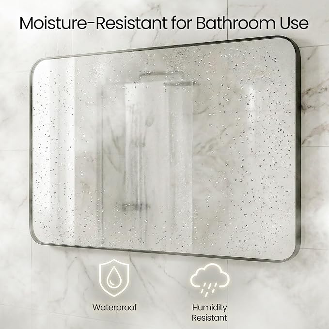 30x48 Inch Matte Black Rounded Rectangle Bathroom Vanity Mirror | For Over-Sink Bathrooms, Powder-Coated Iron Frame, Layered Shadow Box Look, Vertical or Horizontal Layout