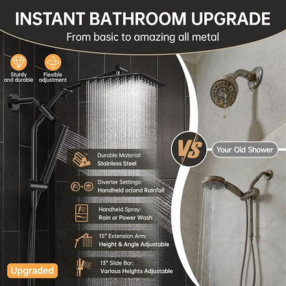 Veken All Metal 10" Luxurious Rain Shower Head with Handheld Spray,Square | Best Dual High Pressure Shower Heads Combo,Double Detachable Showerhead, Adjustable Rainfall,Bathroom Accessories,Matte Black