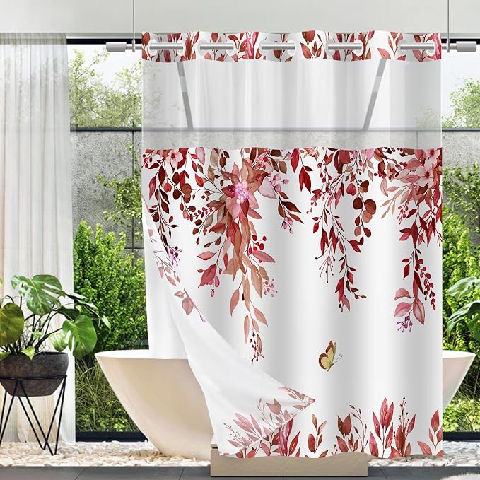 No Hook Shower Curtain and Liner Set, Red Eucalyptus 71x77 | Floral Design, with Snap in Liner, See-Through Top Window, Waterproof, Machine Washable, Quick-Drying, for Hotel Bathroom