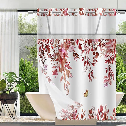 No Hook Shower Curtain and Liner Set, Red Eucalyptus 71x77 | Floral Design, with Snap in Liner, See-Through Top Window, Waterproof, Machine Washable, Quick-Drying, for Hotel Bathroom
