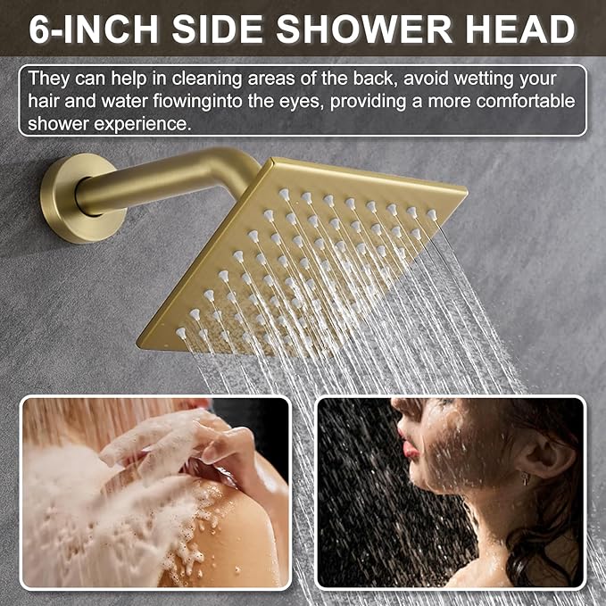 Shower System Modern Rain Brass Faucet Set With Valve and Diverter Shower Mixer With Handheld High Pressure Square Rainfall Shower Valve (12+6'' Wall Mount Thermostatic Valve, Brushed Gold)