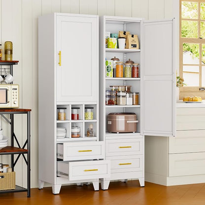 Tall Metal Narrow Storage Cabinet 67" H with 2 Drawer, White Pantry Cabinets with 3 Adjustable Shelves and Door,Tall Bathroom Cabinet for Kitchen, Home Office, Living Room, Dining Room