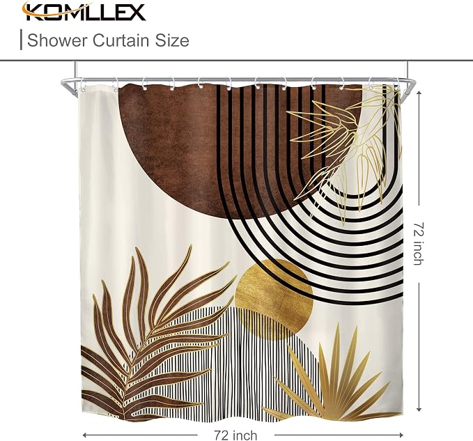 Mid Century Brown Boho Abstract Modern Gold Bathroom Shower Curtain Set | 72Wx72H Arch Sun design, waterproof HD print with fast-drying fabric and 12 hooks.