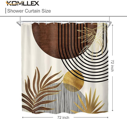 Mid Century Brown Boho Abstract Modern Gold Bathroom Shower Curtain Set | 72Wx72H Arch Sun design, waterproof HD print with fast-drying fabric and 12 hooks.