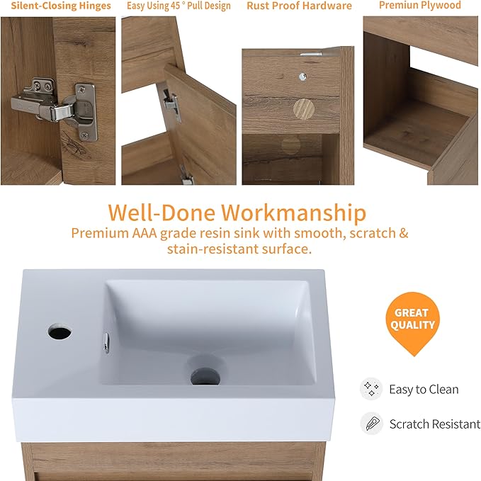 18" Bathroom Vanity with Sink Combo, Wall Mounted Floating Vanity Cabinet for Small Bathroom, Soft-Close Door, Ight dern Farmhouse Vanity with Waterproof Plywood
