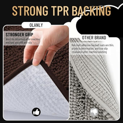 OLANLY Thick Large Bathroom Rugs 44x32, Soft Chenille Bath Rugs, Brown | Absorbent Striped, Rubber Backing, Machine Wash Dry, Bath Mats for Bathroom Floor, Tub and Shower, Home Decor Accessories