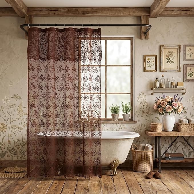 Chocolate Brown Shower Curtain, 72x84, Vintage Lace with Attached Valance | Brown Lace Shower Curtain with Scalloped Floral Trim, Vintage, Rustic Farmhouse Tall Bathrooms with High Rods