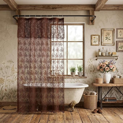 Chocolate Brown Shower Curtain, 72x84, Vintage Lace with Attached Valance | Brown Lace Shower Curtain with Scalloped Floral Trim, Vintage, Rustic Farmhouse Tall Bathrooms with High Rods