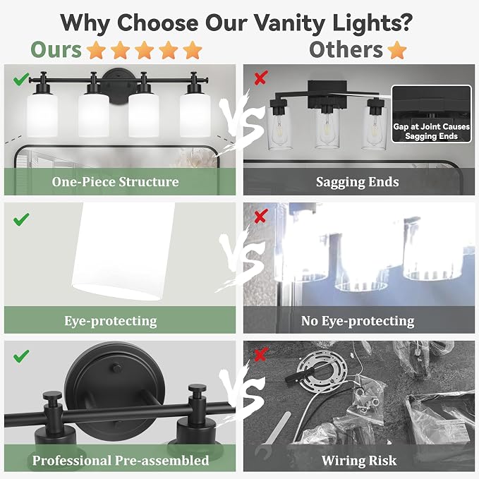 4 Light Bathroom Vanity Light Fixture, 23'' Black Vanity Light over Mirror | Modern Wall Sconce with White Glass Shades, Anti-Rust Vanity Light Fixture over Mirror, 23 Inch (Bulbs Not Included, E26)
