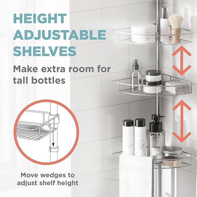 Zenna Home Tension Pole Shower Caddy Corner Organizer, Adjustable Standing Shower Caddy with 4 Baskets and Towel Bar, Rust Resistant Bathroom Tension Rod Organizer, 60 to 97 Inch, Satin Nickel