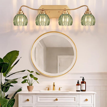 Vintage Gold Vanity Lights, 4 Light Tulip Crystal, Antique Brass Finish | Brushed Gold Bathroom Light Fixtures, Green Wall Sconce Ideal for Bedroom, Living Room, E26 Compatible, Easy Install
