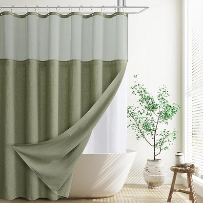 Extra Long Linen Shower Curtain 84 Inches Sage Green Double Layer | 7ft,Curtains with Hook, Snap in Liner, Water Repellent, Neutral Farmhouse, Neutral Bath Decor, 1 Panel, 72x84