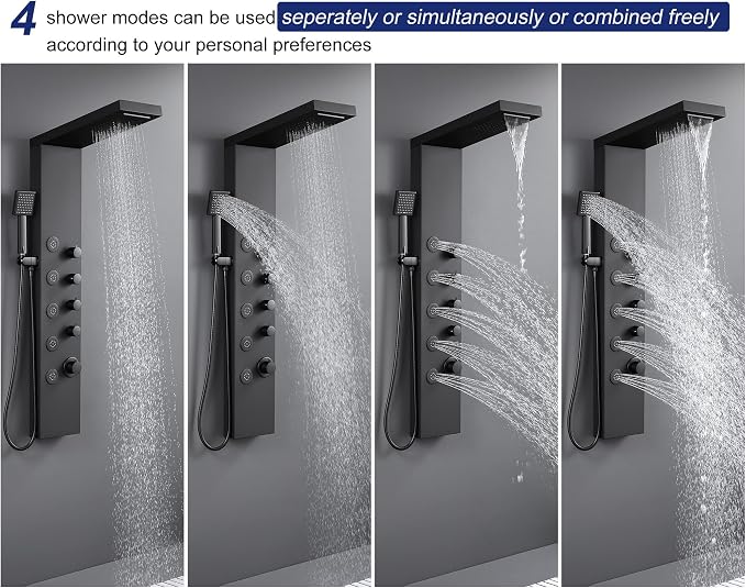 ROVATE 4-in-1 Rainfall Waterfall Shower Panel Tower System, Matte Black | Shower Column with Body Massage Jets and Handheld, Stainless Steel High Pressure, Use Multiple Functions Simultaneously