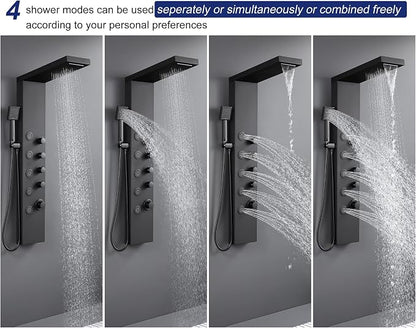 ROVATE 4-in-1 Rainfall Waterfall Shower Panel Tower System, Matte Black | Shower Column with Body Massage Jets and Handheld, Stainless Steel High Pressure, Use Multiple Functions Simultaneously