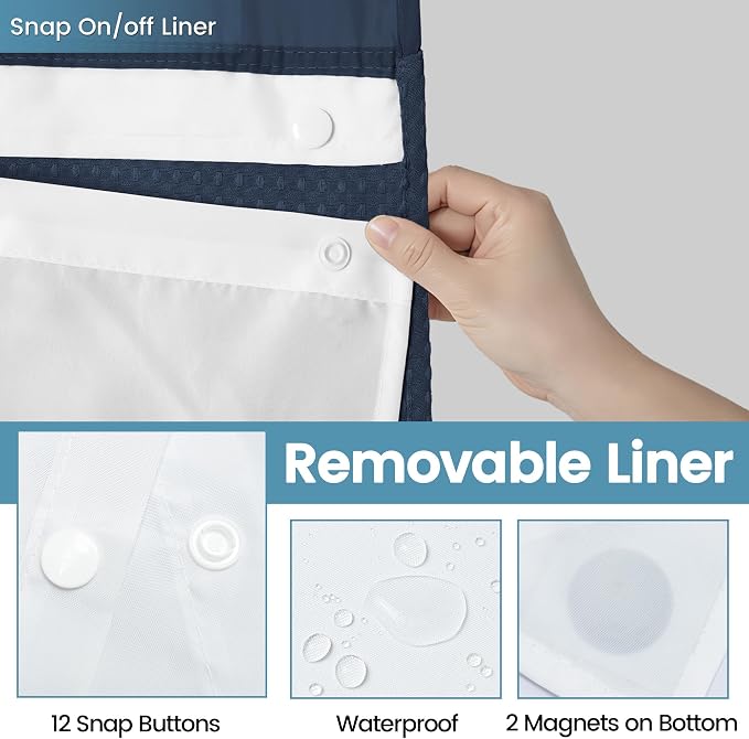 EUTXL Heavyweight Navy Blue Stall No Hook Shower Curtain with Snap in Liner,256GSM Waffle Weave Shower Curtains for Bathroom,54W x 80H