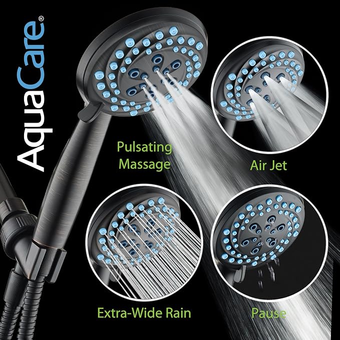 AquaCare New 8-mode High Pressure Handheld Shower Head w/ 2-way Power Wash | Stay Clean Nozzles, Dual Power Wash for Tub, Tile & Pets, Long 6 ft. Stainless Steel Hose, Wall & Overhead Brackets / Bronze
