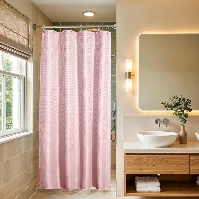 AmazerBath Waffle Shower Curtain, Stall Shower Curtain, Blush Pink Shower Curtain Fabric, Hotel Quality Bathroom Shower Curtains, Heavy Duty, 36 x 72 Inches