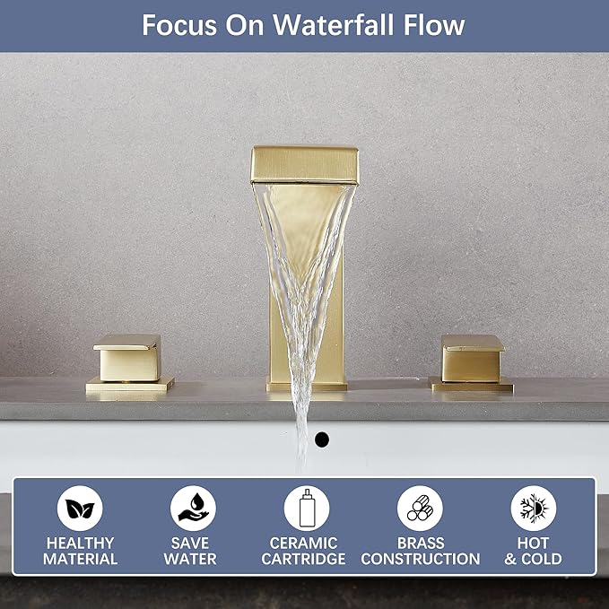 Bathroom Faucet 8 inch 3 Hole 2 Handle Widespread Bathroom Sink Faucet Brushed Gold Waterfall with Pop Up Drain Stopper Water Supply Hoses Modern Vanity Lavatory Basin Brass Commercial