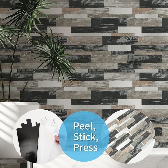 Art3d Faux Stone Peel & Stick Backsplash Tile, 10 pcs, Distressed Wood | PVC, Multi-Style Decor Sheets, Waterproof, Traceless Peel, No Wall Damage, Ideal for Kitchen