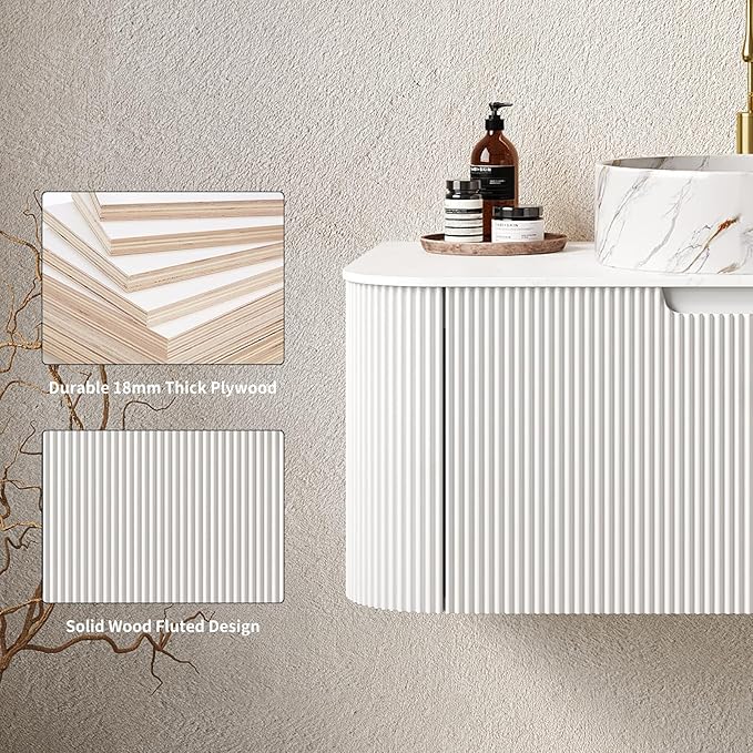Yayzy 36" Floating Bathroom Vanity with Sink, Solid Wood Fluted Cabinet, White Marble-Patterned Ceramic Basin & Faux Marble Top, Soft-Close Drawer, Pre-Assembled, White