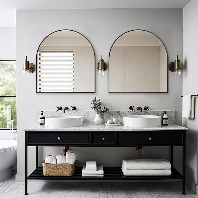 Arched Bathroom Mirror, Black, 32"x30" | Wall Mounted, Vanity Mirror, For Bedroom, Living Room and Entryway