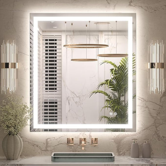 Keonjinn 32 x 36 Inch LED Bathroom Mirror with Frontlit & Backlit, Anti-Fog Mirror with Lights, Stepless Dimming, 3-Color Temperature, HD Tempered Glass Wall Mirror for Modern Bathroom