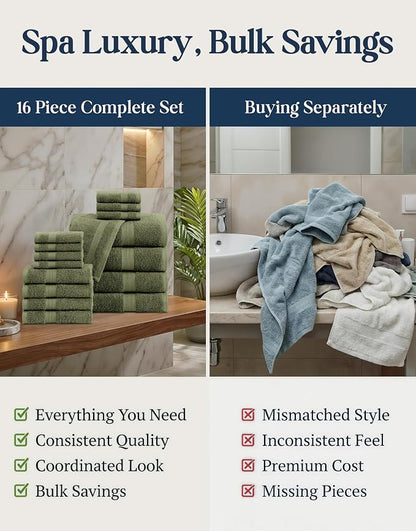 LANE LINEN Large Bath Towel Set Absorbent Quick Dry 100% Cotton - Oil Green | Soft Cotton Towels - Fade-Resistant Color, Classic Terry Weave, Densely Woven & Durable, Easy-Care, Coordinated Colors