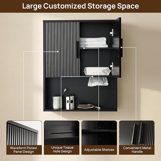 Modern Fluted Bathroom Wall Cabinet with Motion Sensor LED Light, Black Over The Toilet Storage with Tissue Dispenser, Soft-Close Hanging Medicine Cabinet with Adjustable Shelves & Open Rack