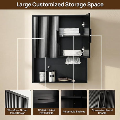 Modern Fluted Bathroom Wall Cabinet with Motion Sensor LED Light, Black Over The Toilet Storage with Tissue Dispenser, Soft-Close Hanging Medicine Cabinet with Adjustable Shelves & Open Rack