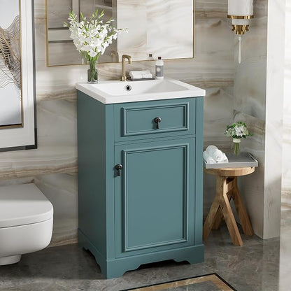 Merax Modern 20'' Bathroom Vanity with Single Sink Combo, Solid Wood Bathroom Storage Cabinet with Soft Close Door & Adjustable Shelf, Freestanding Vanities Set with Door-Mounted Storage Rack, Green