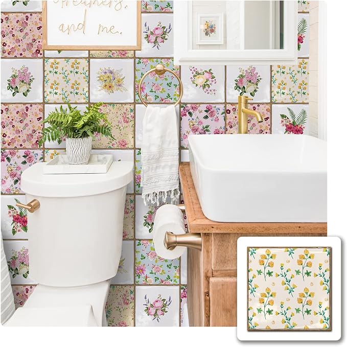 Alwayspon Vinyl Sticker Peel and Stick, Self-Adhesive Wall Tile Transfers Backsplash Sticker Decal for Kitchen Bathroom, 6x6inch/15x15cm 30Pcs, Floral Painting T038
