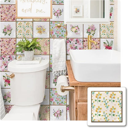 Alwayspon Vinyl Sticker Peel and Stick, Self-Adhesive Wall Tile Transfers Backsplash Sticker Decal for Kitchen Bathroom, 6x6inch/15x15cm 30Pcs, Floral Painting T038