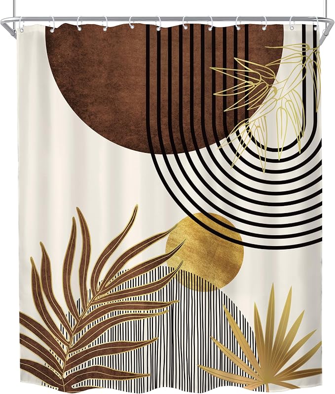 Mid Century Brown Boho Abstract Modern Beige Bathroom Shower Curtain Set | 72Wx84H Gold Geometric design, waterproof HD print with fast-drying fabric and 12 hooks.