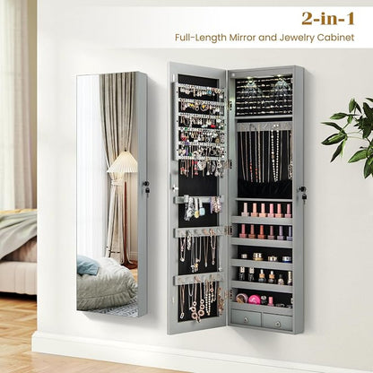 NAFORT 2 LEDs Mirror Jewelry Cabinet, 47.5-Inch Tall Wall or Door Mounted Jewelry Organizers and Storage with Frameless Full-length Mirror, Lockable Jewelry Armoire with 2 Drawers, Gray