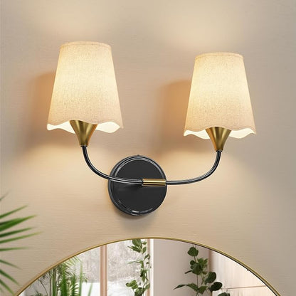 Morauroral Bathroom Light Fixtures Over Mirror, 2 Light Vanity Light for Bathroom, Black Gold Vanity Light Fixtures with Fabric Linen Shade, E26 Socket Sconce Wall Decor(ETL Listed)