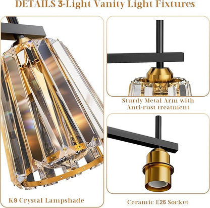 Crystal Bathroom Light Fixtures Over Mirror, Black Gold 3-Light Bathroom Vanity Lights Over Mirror Modern Wall Lighting Sconces with Ceramic E26 Base (Bulbs Not Include)